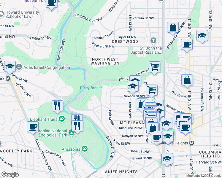 map of restaurants, bars, coffee shops, grocery stores, and more near 1877 Ingleside Terrace Northwest in Washington