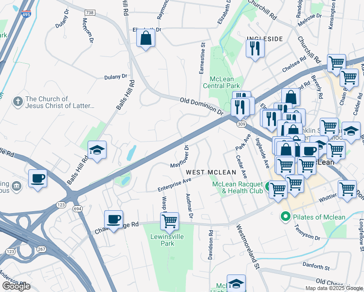 map of restaurants, bars, coffee shops, grocery stores, and more near 1400 Mayflower Drive in McLean