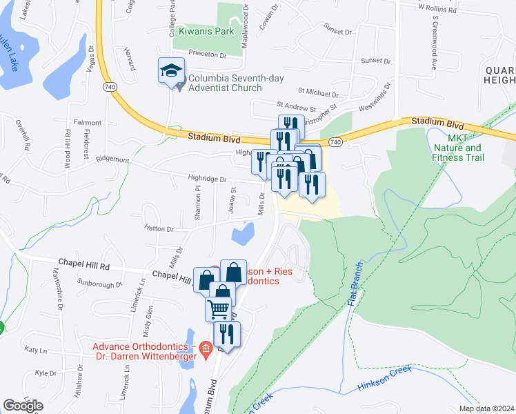 map of restaurants, bars, coffee shops, grocery stores, and more near 1501 Mills Drive in Columbia