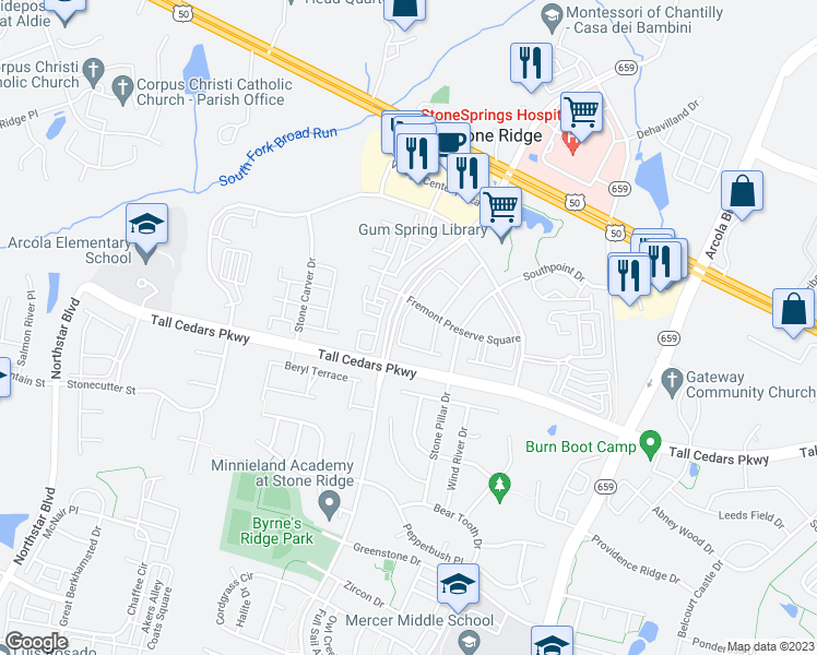 map of restaurants, bars, coffee shops, grocery stores, and more near 24654 Siltstone Square in Aldie