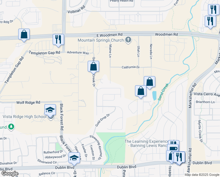 map of restaurants, bars, coffee shops, grocery stores, and more near 7226 Thorn Brush Way in Colorado Springs
