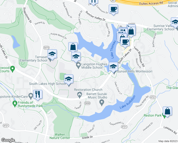 map of restaurants, bars, coffee shops, grocery stores, and more near 2051 Whisperwood Glen Lane in Reston