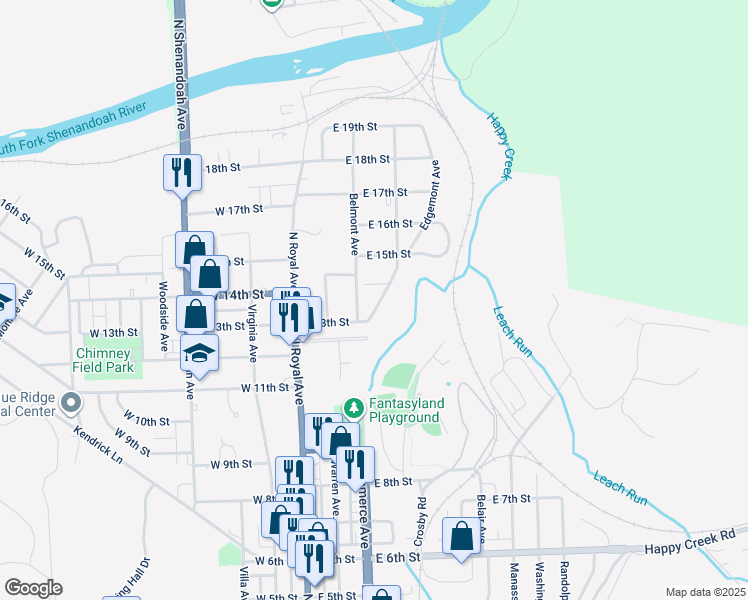 map of restaurants, bars, coffee shops, grocery stores, and more near 1320 Edgemont Avenue in Front Royal