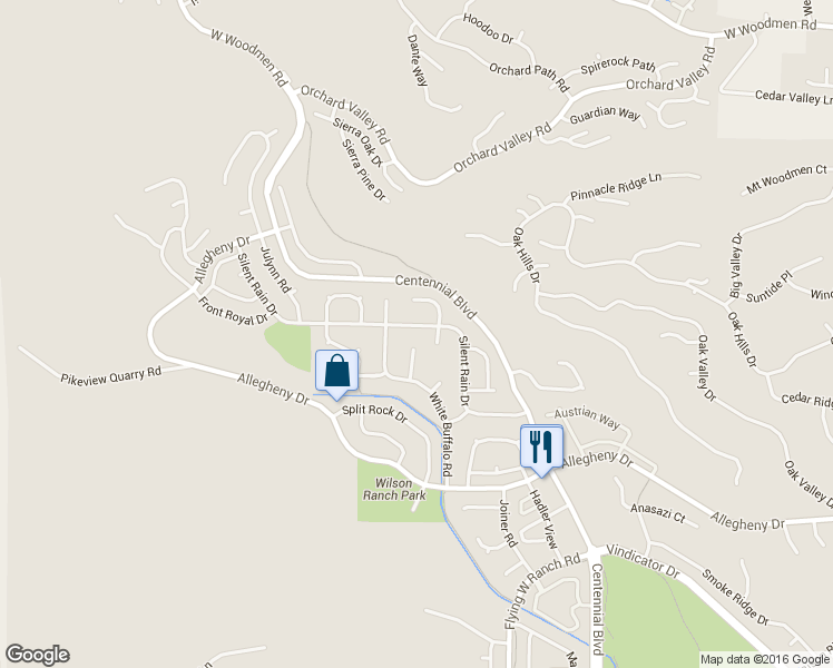 map of restaurants, bars, coffee shops, grocery stores, and more near 2350 Silent Rain Drive in Colorado Springs
