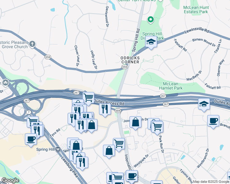 map of restaurants, bars, coffee shops, grocery stores, and more near 1348 Spring Hill Road in McLean