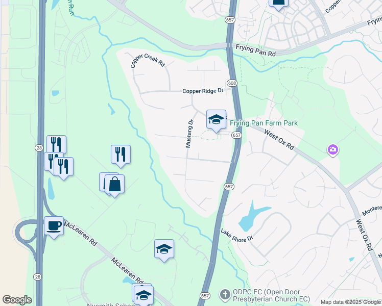 map of restaurants, bars, coffee shops, grocery stores, and more near 2731 Mustang Drive in Herndon