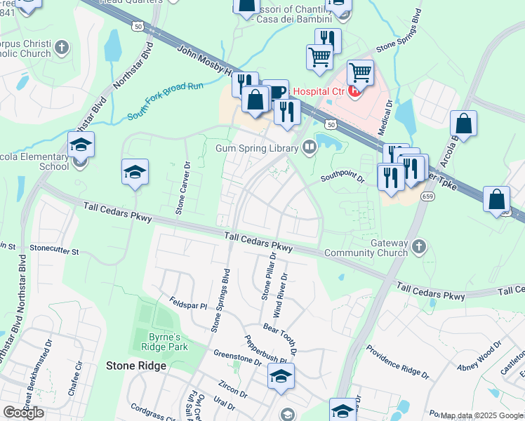 map of restaurants, bars, coffee shops, grocery stores, and more near 24675 Nettle Mill Square in Aldie