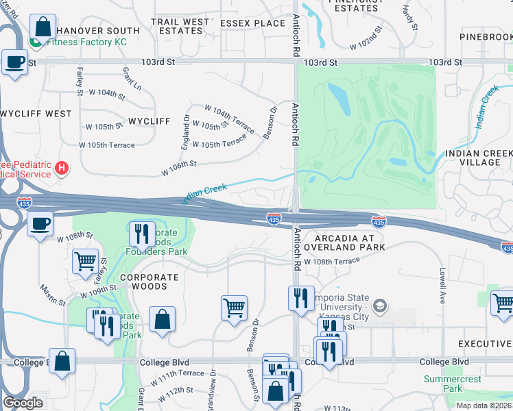 map of restaurants, bars, coffee shops, grocery stores, and more near 8805 West 106th Terrace in Overland Park