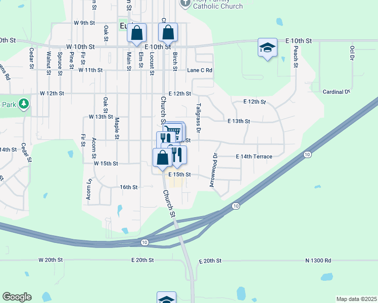 map of restaurants, bars, coffee shops, grocery stores, and more near 1404 Ash Court in Eudora