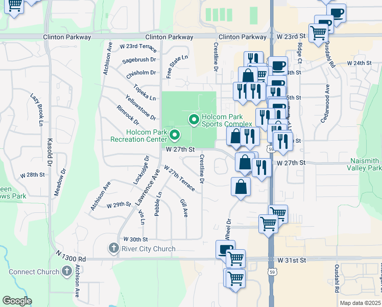 map of restaurants, bars, coffee shops, grocery stores, and more near 2600-2898 West 27th Street in Lawrence