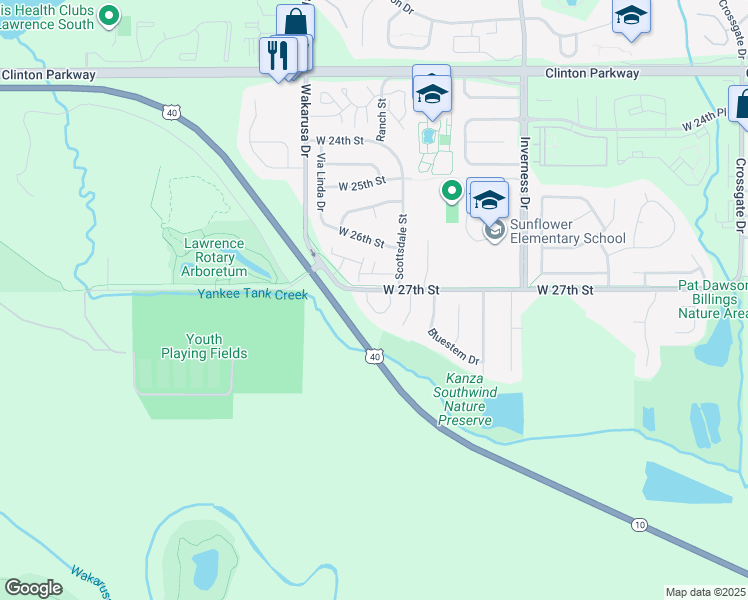 map of restaurants, bars, coffee shops, grocery stores, and more near in Lawrence