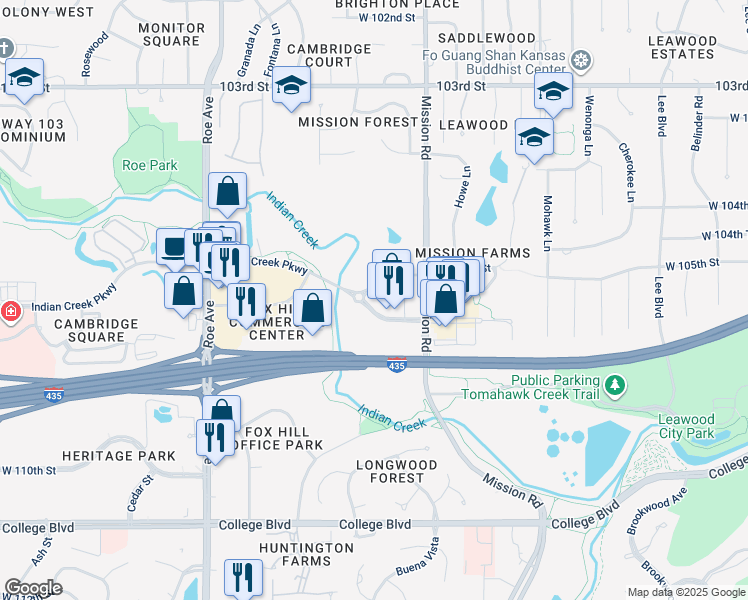 map of restaurants, bars, coffee shops, grocery stores, and more near 4030 Indian Creek Parkway in Overland Park