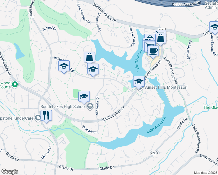 map of restaurants, bars, coffee shops, grocery stores, and more near 2051 Whisperwood Glen Lane in Reston