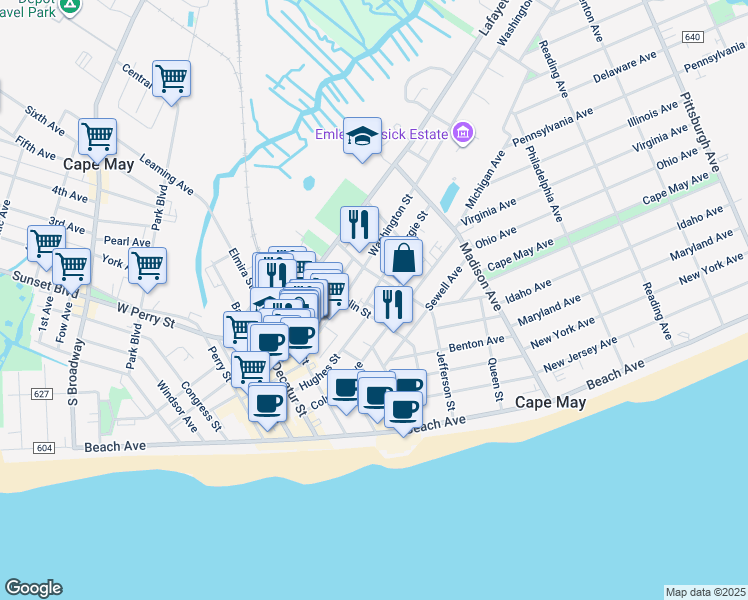 map of restaurants, bars, coffee shops, grocery stores, and more near 710 Corgie Street in Cape May