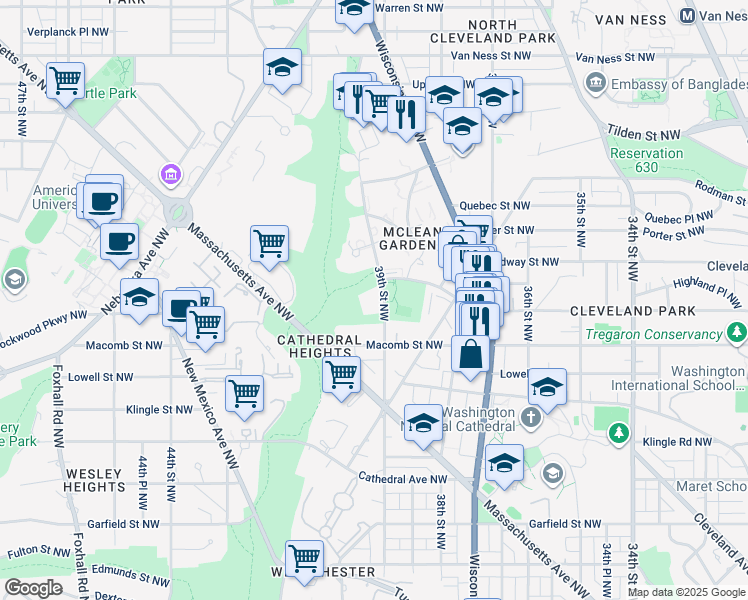 map of restaurants, bars, coffee shops, grocery stores, and more near 3450 39th Street Northwest in Washington