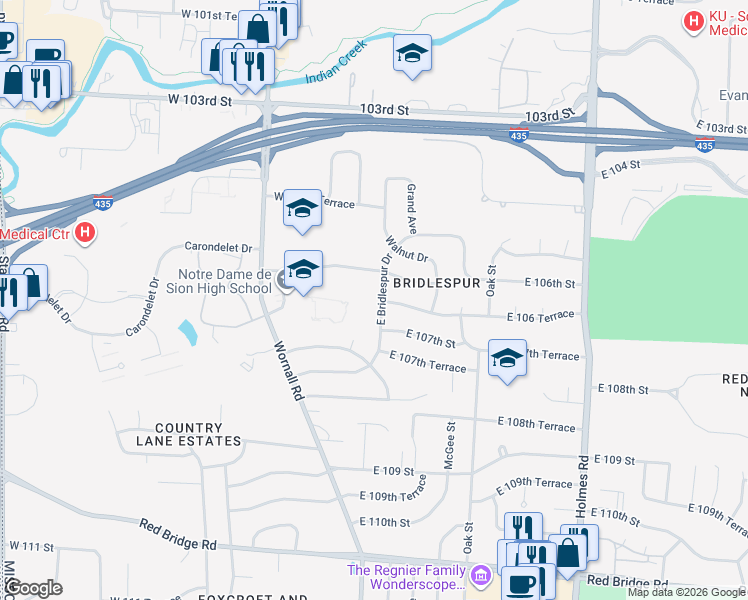 map of restaurants, bars, coffee shops, grocery stores, and more near 10605 West Bridlespur Drive in Kansas City