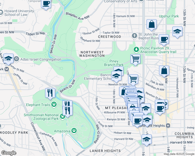 map of restaurants, bars, coffee shops, grocery stores, and more near 1877 Ingleside Terrace Northwest in Washington