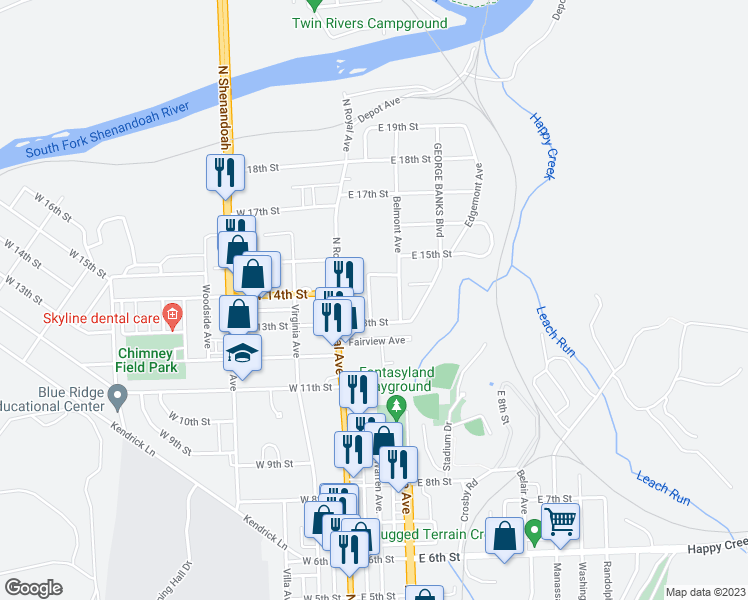 map of restaurants, bars, coffee shops, grocery stores, and more near 1321 Warren Avenue in Front Royal