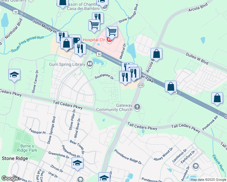 map of restaurants, bars, coffee shops, grocery stores, and more near 42316 San Juan Terrace in Aldie