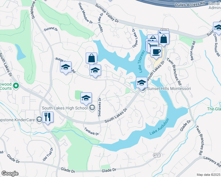 map of restaurants, bars, coffee shops, grocery stores, and more near 2048 Whisperwood Glen Lane in Reston