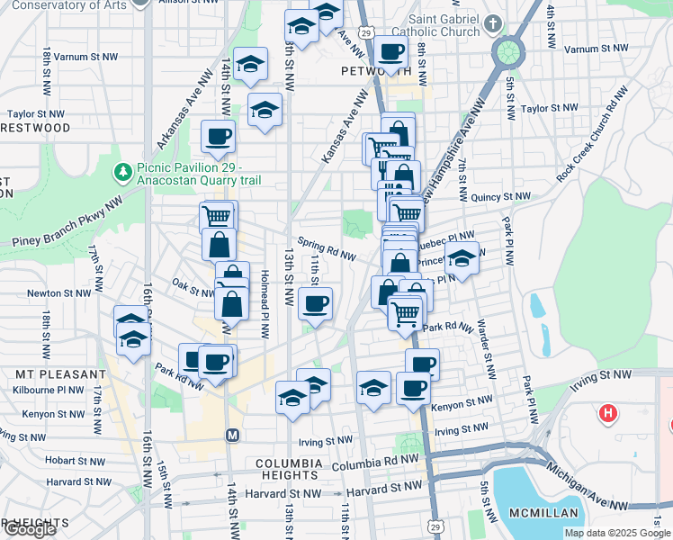 map of restaurants, bars, coffee shops, grocery stores, and more near 3616 10th Street Northwest in Washington