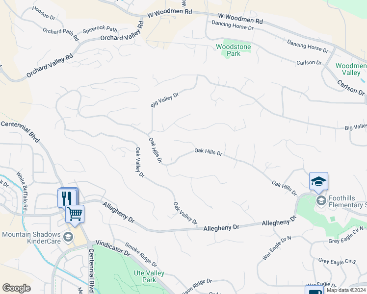 map of restaurants, bars, coffee shops, grocery stores, and more near 1420 Oak Hills Drive in Colorado Springs