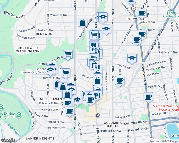 map of restaurants, bars, coffee shops, grocery stores, and more near 1445 Ogden Street Northwest in Washington