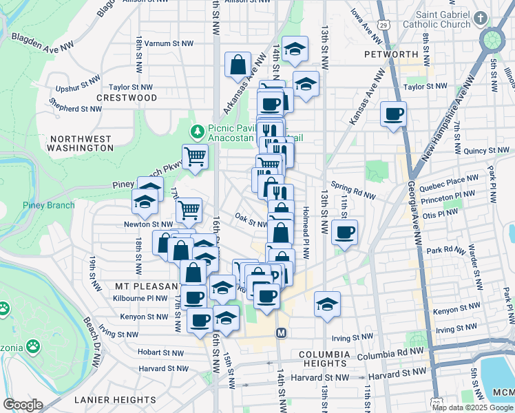 map of restaurants, bars, coffee shops, grocery stores, and more near 1445 Ogden Street Northwest in Washington