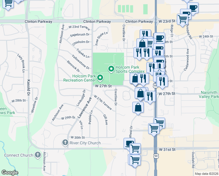 map of restaurants, bars, coffee shops, grocery stores, and more near 2600-2898 West 27th Street in Lawrence