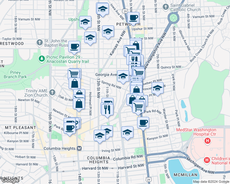 map of restaurants, bars, coffee shops, grocery stores, and more near 3616 10th Street Northwest in Washington