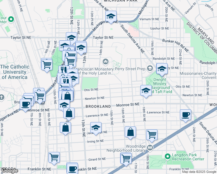 map of restaurants, bars, coffee shops, grocery stores, and more near 1440 Otis Street Northeast in Washington