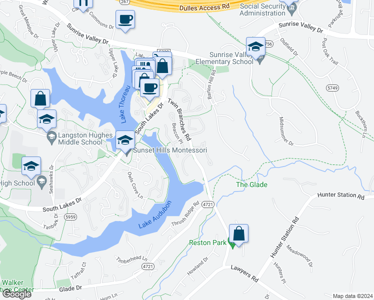 map of restaurants, bars, coffee shops, grocery stores, and more near 2043 Beacon Place in Reston