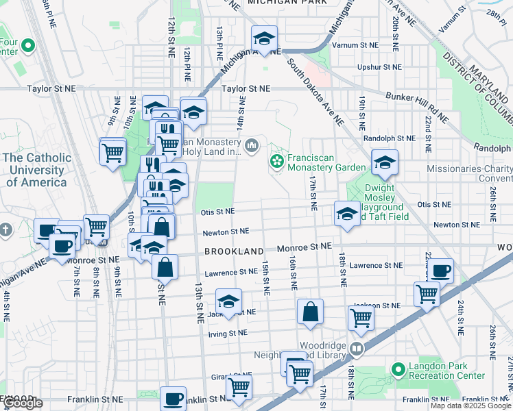 map of restaurants, bars, coffee shops, grocery stores, and more near 1440 Otis Street Northeast in Washington