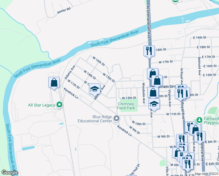 map of restaurants, bars, coffee shops, grocery stores, and more near 1324 Madison Avenue in Front Royal
