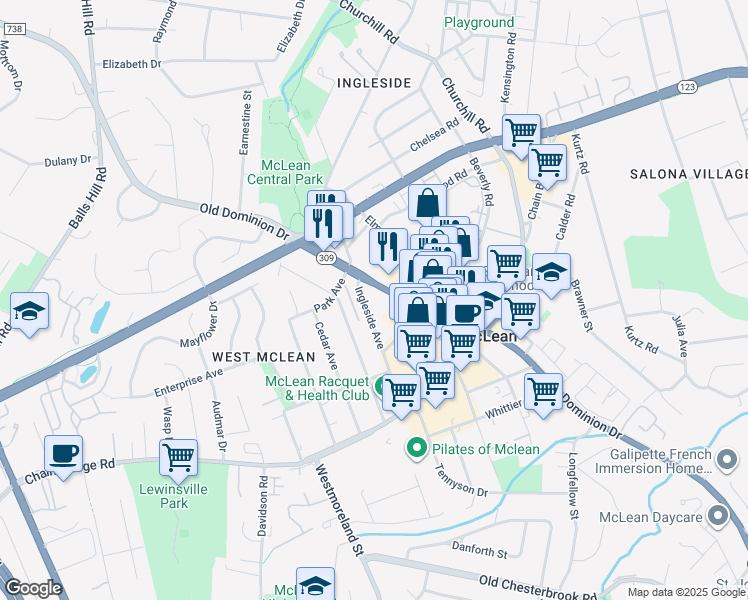 map of restaurants, bars, coffee shops, grocery stores, and more near 6849 Old Dominion Drive in McLean