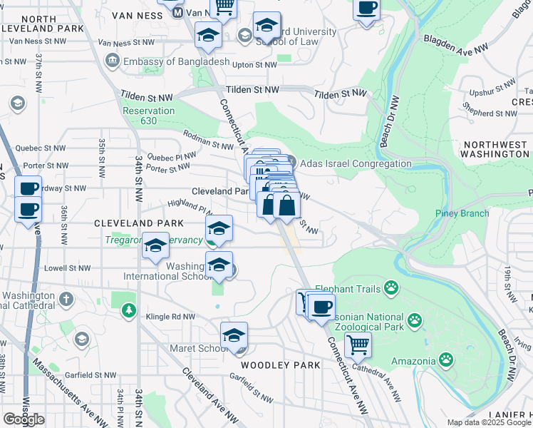 map of restaurants, bars, coffee shops, grocery stores, and more near 3430 Connecticut Avenue Northwest in Washington