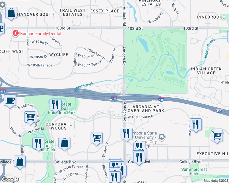 map of restaurants, bars, coffee shops, grocery stores, and more near 8710 West 106th Terrace in Overland Park