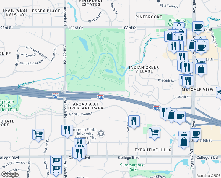 map of restaurants, bars, coffee shops, grocery stores, and more near 8214 Country Club Drive in Overland Park