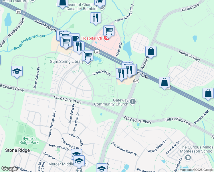 map of restaurants, bars, coffee shops, grocery stores, and more near 24662 Byrne Meadow Square in Aldie