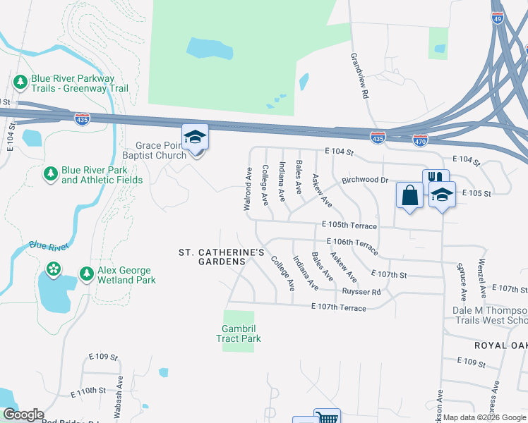 map of restaurants, bars, coffee shops, grocery stores, and more near 10450 College Avenue in Kansas City