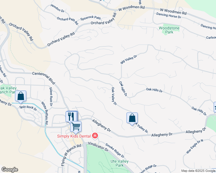 map of restaurants, bars, coffee shops, grocery stores, and more near 7074 Oak Valley Drive in Colorado Springs