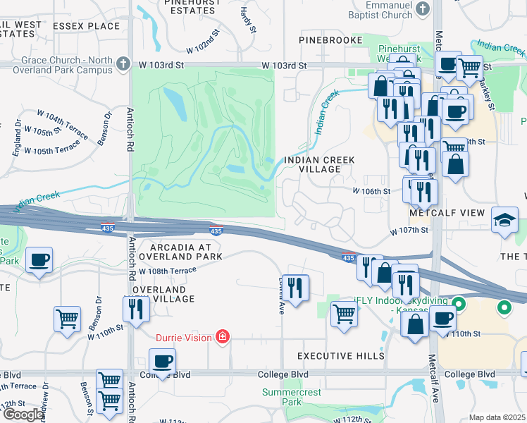 map of restaurants, bars, coffee shops, grocery stores, and more near 7914 Country Club Drive in Overland Park