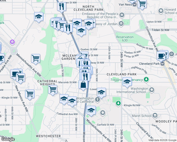 map of restaurants, bars, coffee shops, grocery stores, and more near 3409 Wisconsin Avenue Northwest in Washington