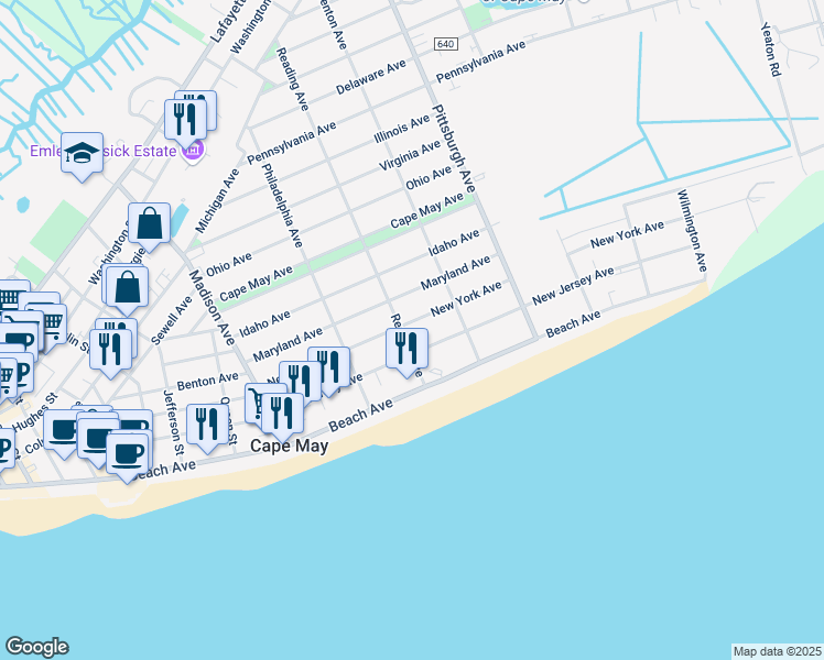 map of restaurants, bars, coffee shops, grocery stores, and more near in Cape May