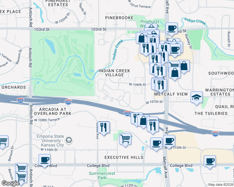 map of restaurants, bars, coffee shops, grocery stores, and more near 7575 West 106th Street in Overland Park