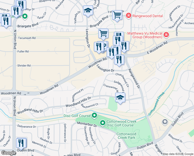 map of restaurants, bars, coffee shops, grocery stores, and more near 7050 Hazelwood Lane in Colorado Springs