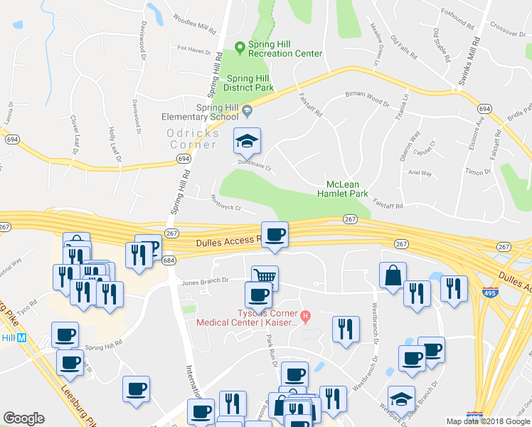 map of restaurants, bars, coffee shops, grocery stores, and more near 1389 Northwyck Court in McLean