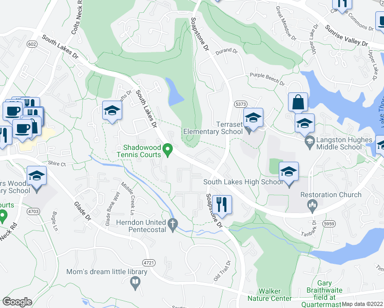 map of restaurants, bars, coffee shops, grocery stores, and more near 11628 Ivystone Court in Reston