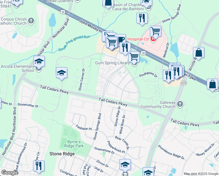 map of restaurants, bars, coffee shops, grocery stores, and more near 24650 Siltstone Square in Stone Ridge