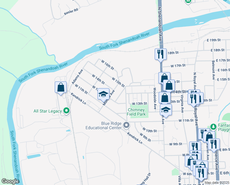 map of restaurants, bars, coffee shops, grocery stores, and more near 1315 Monroe Avenue in Front Royal